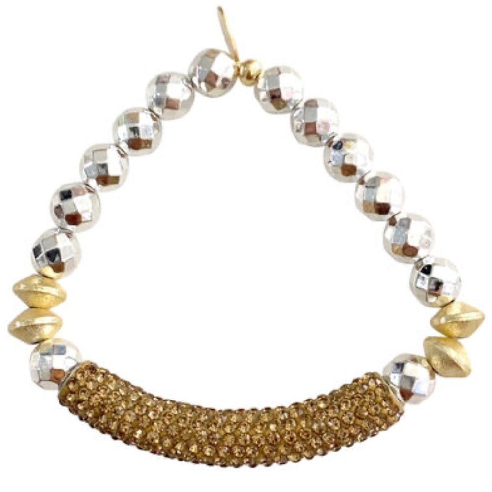 Stretch Bracelet Stone Beads & Crystal Rhinestone Bar BRAND NEW Silver & Gold